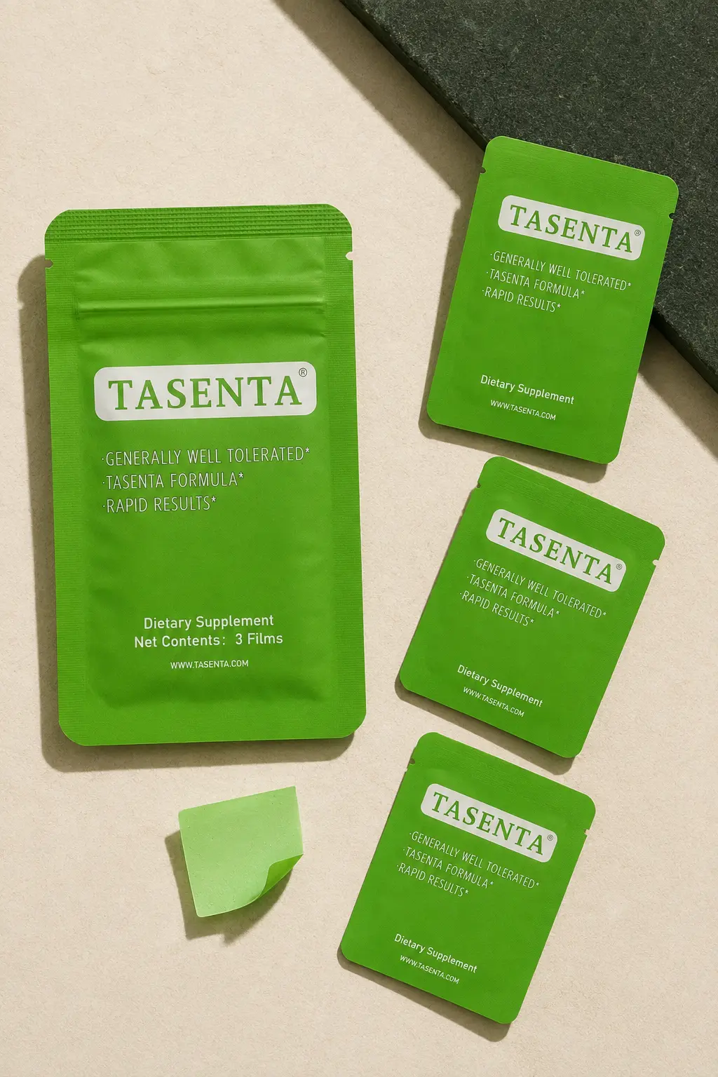 TASENTA pouch, individual packets and oral film arranged in an editorial flat lay