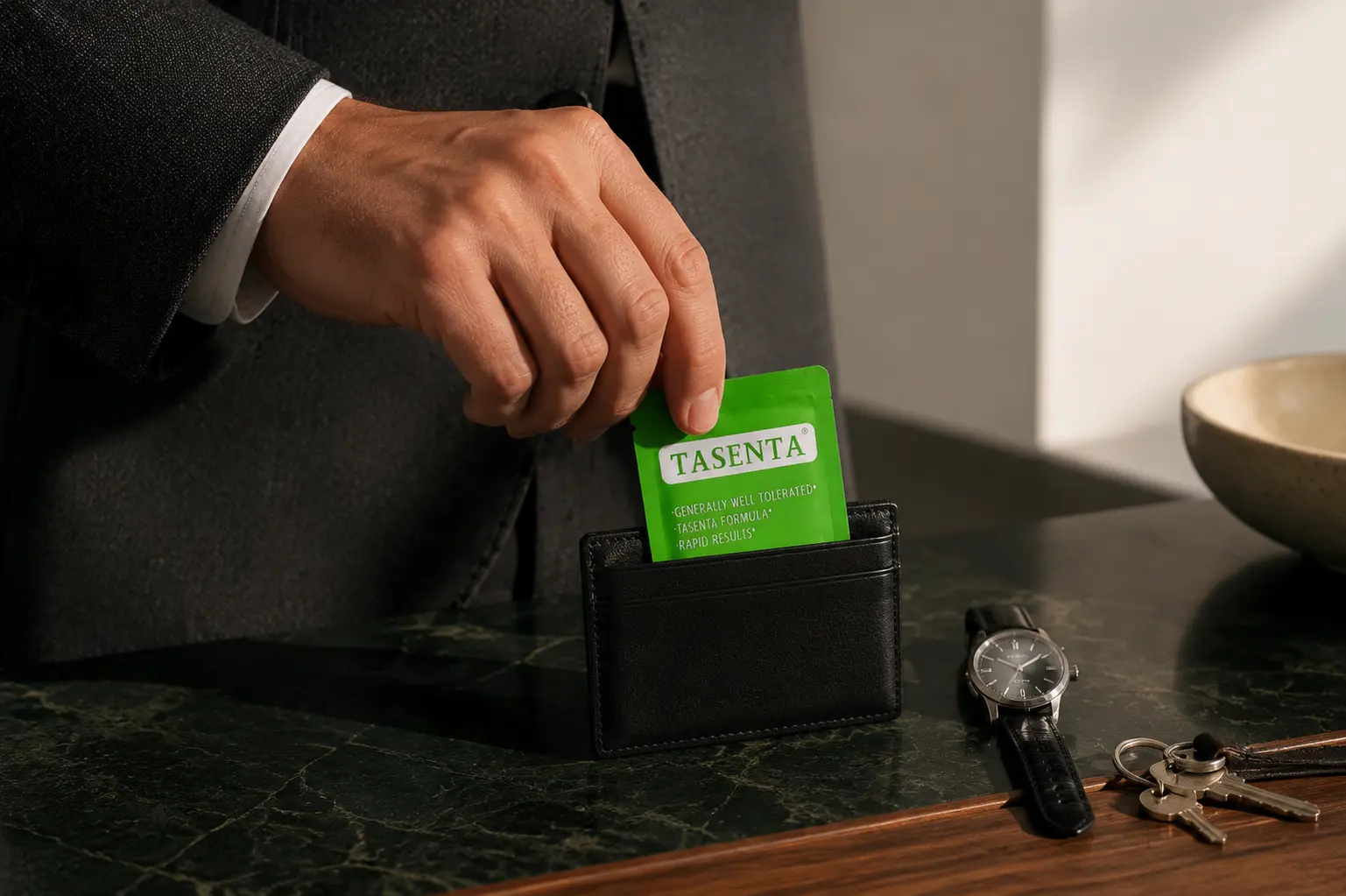 A TASENTA packet being placed into a slim leather card case